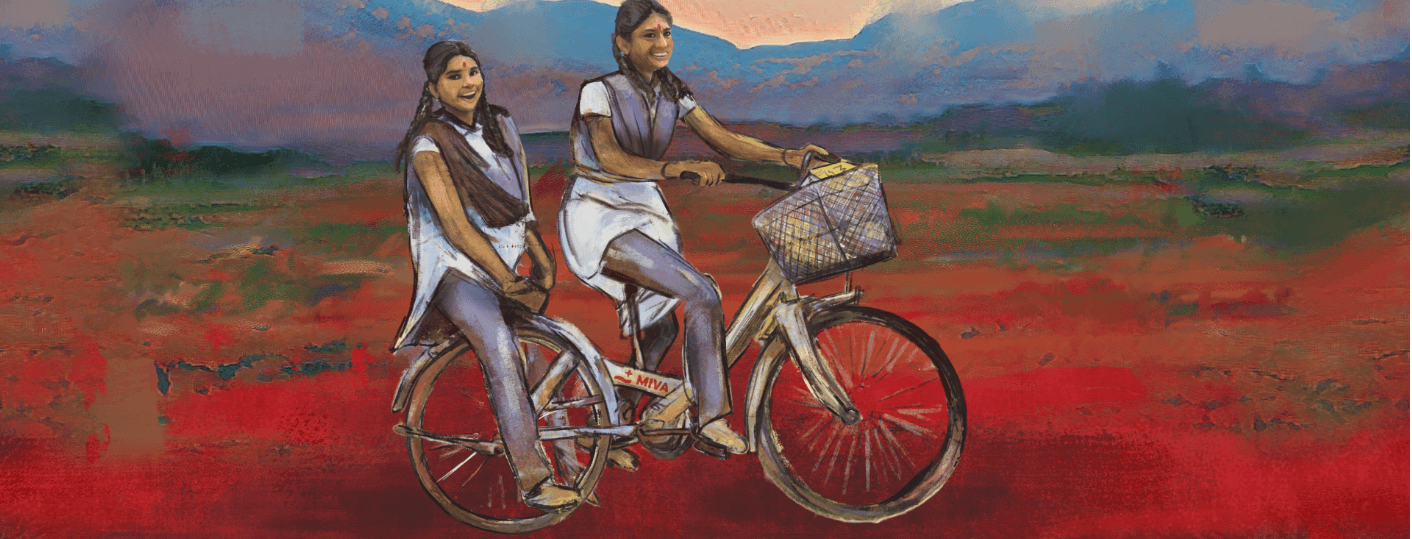 Illustration of two young women in traditional clothing. They are travelling together on a bicycle through a bright red and green landscape.