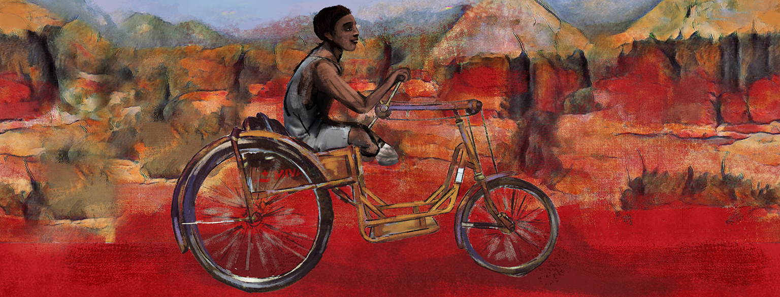 An illustration of a young, impaired person riding a tricycle through a colourful, abstract red-orange landscape.