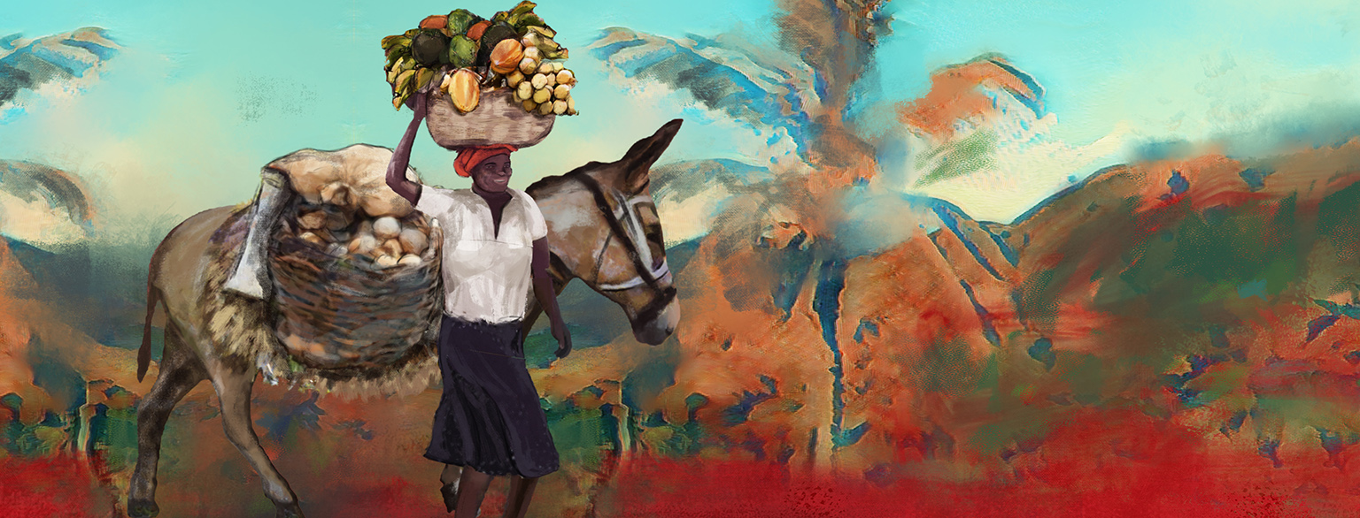 A woman balances a basket of fruit and vegetables on her head and walks next to a donkey carrying sacks.