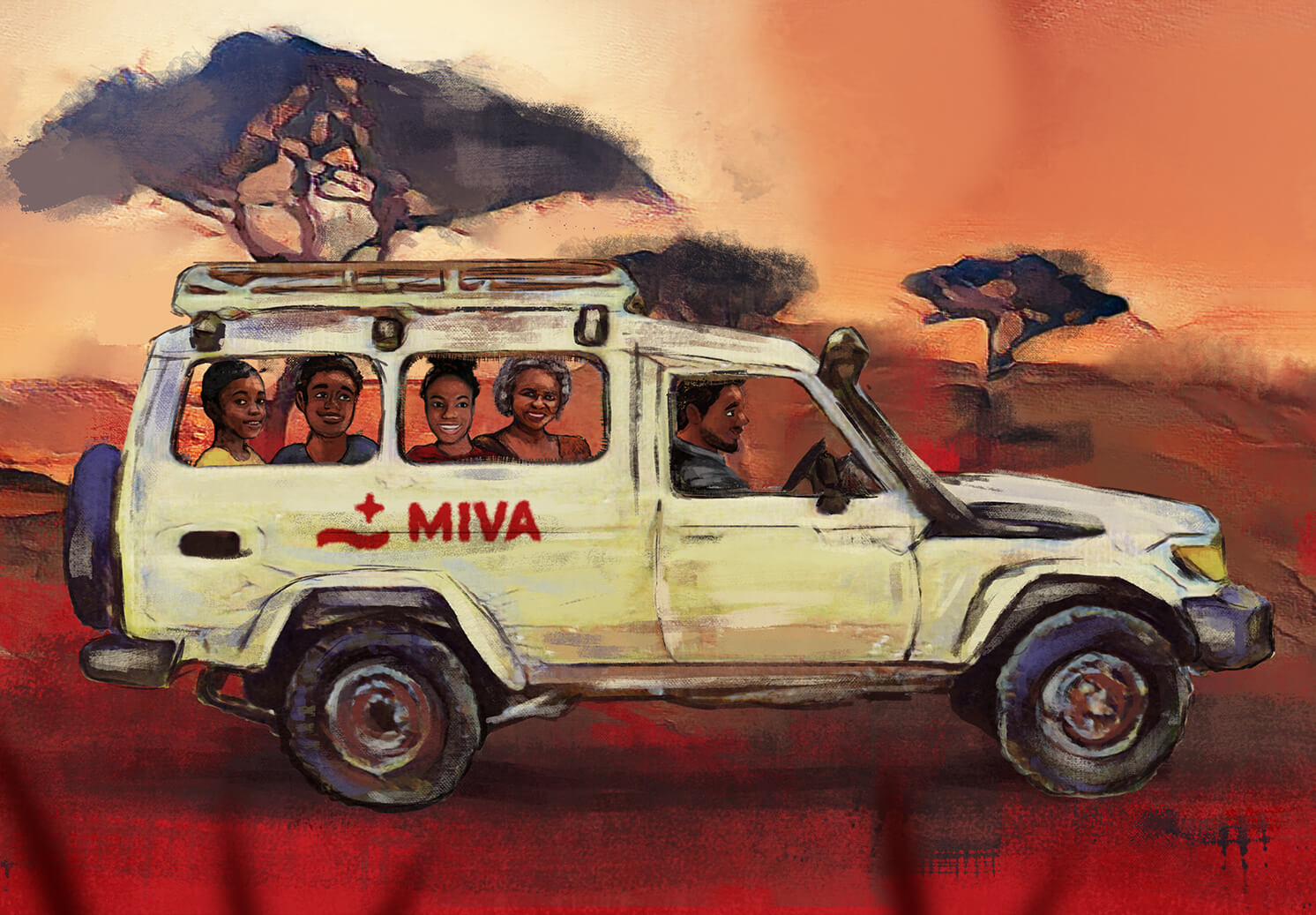 Eine gemalte Szene eines MIVA-Wagens, der durch eine rot gefärbte afrikanische Landschaft fährt. Fünf lächelnde Menschen sitzen im Auto. Akazienbäume erscheinen unter einem orangefarbenen Himmel.