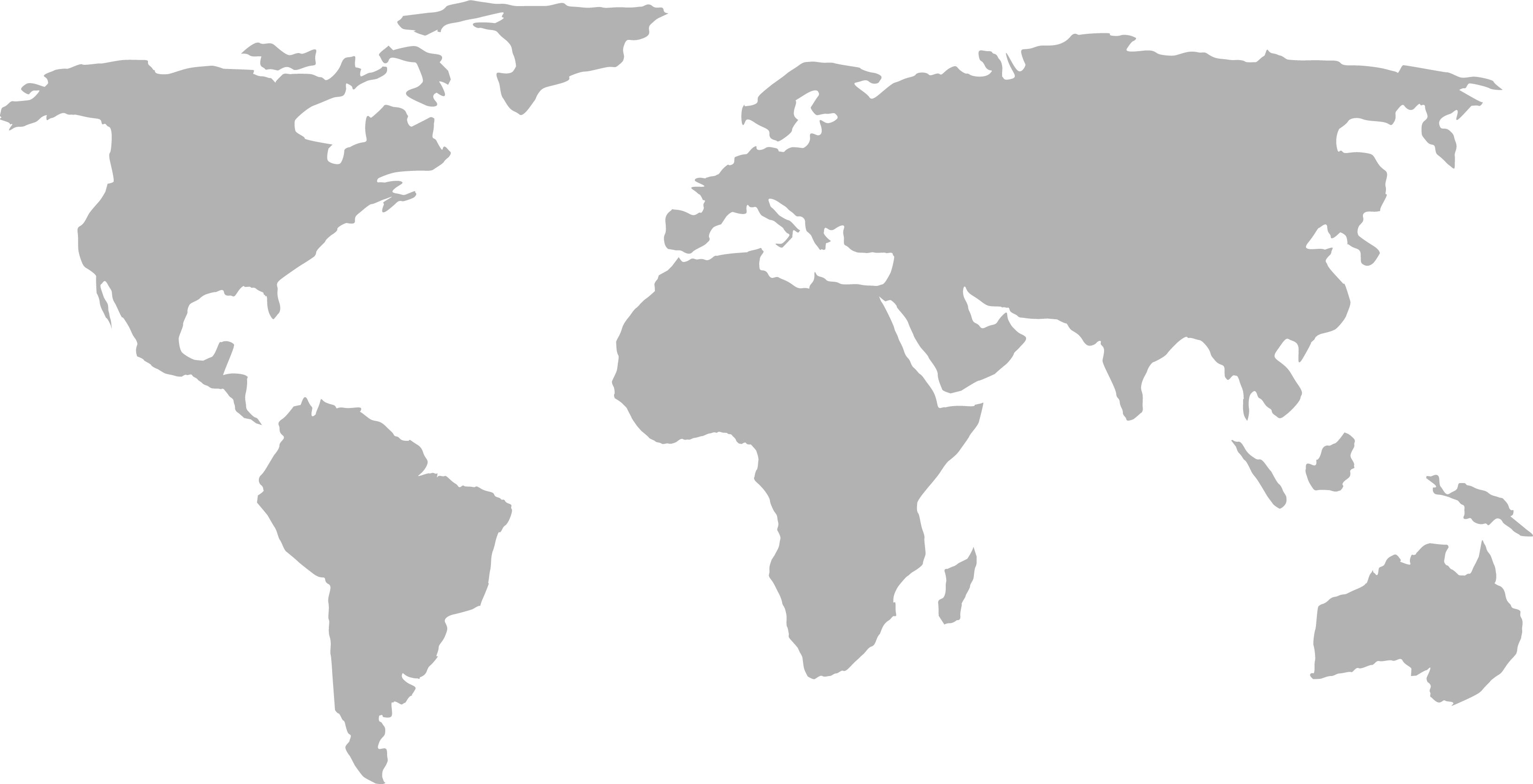 A simple, grey world map silhouette showing all continents on a white background, without country borders or labels.